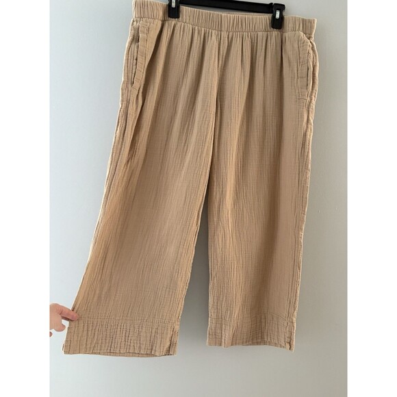 Coldwater Creek Wide Leg Gauze Cropped Pants Size Large Tan Lagenlook Beach Vaca - Picture 1 of 16